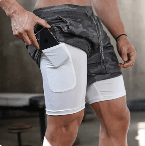 Shorts Quick Dry Camo Running para homens, esportes de ginástica, treino, fitness, jogging, calças curtas, verão, 2 em 1