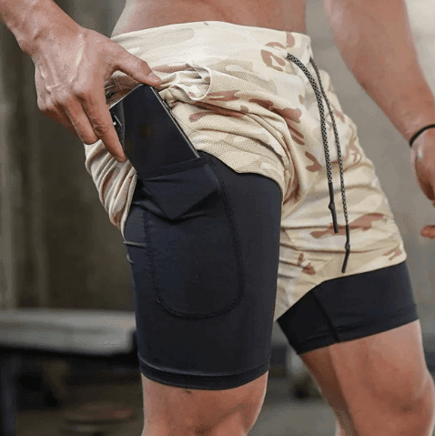 Shorts Quick Dry Camo Running para homens, esportes de ginástica, treino, fitness, jogging, calças curtas, verão, 2 em 1